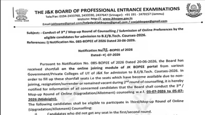 JKCET 2026 round 3 counselling begins at jkbopee.gov.in: Check complete details here JKCET 2026 round 3 counselling begins at jkbopee.gov.in: Check complete details here