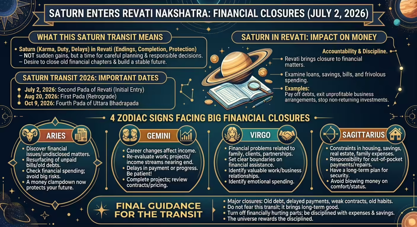 Saturn Transit Revati: 4 Zodiac Signs Facing Big Financial Closures This Month Saturn Transit Revati: 4 Zodiac Signs Facing Big Financial Closures This Month