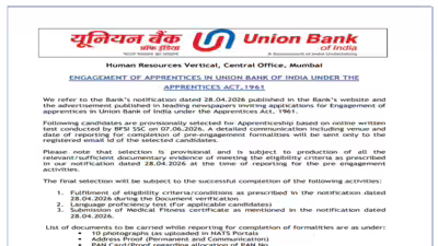 Union Bank of India Apprentice recruitment 2026 result out at unionbankofindia.bank.in; direct link to download PDF here Union Bank of India Apprentice recruitment 2026 result out at unionbankofindia.bank.in; direct link to download PDF here