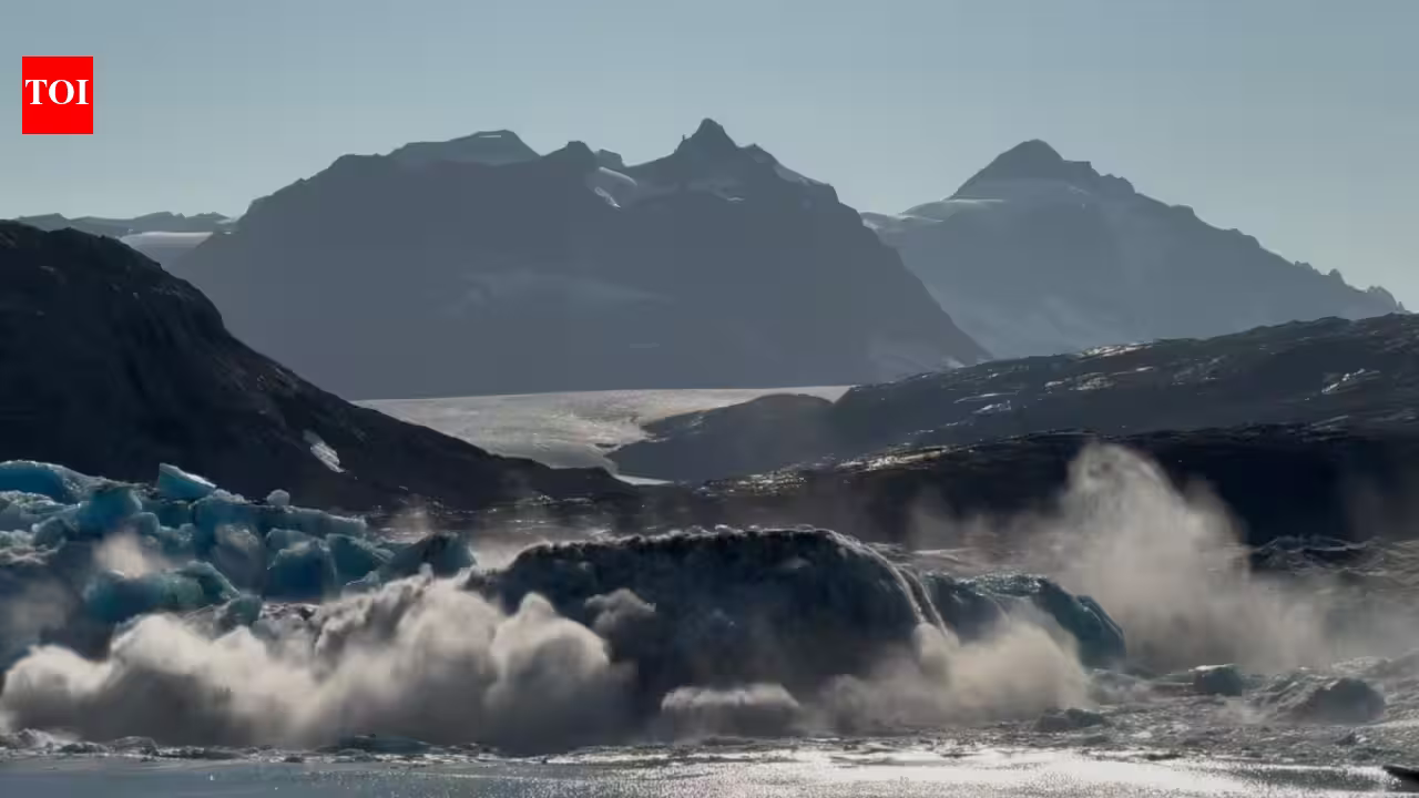Scientists aboard RRS Sir David Attenborough watched a 1km-wide, 100m-thick section of Greenland’s Sorgenfri glacier break away, weighing an estimated 18 million tonnes Scientists aboard RRS Sir David Attenborough watched a 1km-wide, 100m-thick section of Greenland’s Sorgenfri glacier break away, weighing an estimated 18 million tonnes