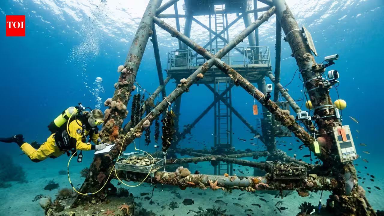 Divers turned a floating wind turbine off Spain into an underwater farm; oysters, clams, mussels and green algae now grow beneath it | Divers turned a floating wind turbine off Spain into an underwater farm; oysters, clams, mussels and green algae now grow beneath it |