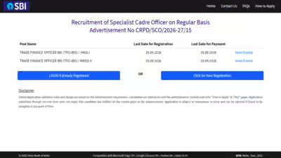 SBI recruitment 2026: Registration underway for Trade Finance Officer posts; check eligibility, direct link to apply SBI recruitment 2026: Registration underway for Trade Finance Officer posts; check eligibility, direct link to apply