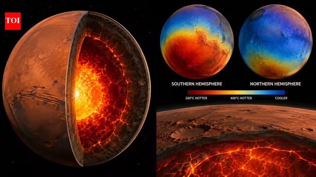 Scientists discovered Mars’ southern interior is 200-400°C hotter than its northern half; the planet may be partly molten beneath the surface | Scientists discovered Mars’ southern interior is 200-400°C hotter than its northern half; the planet may be partly molten beneath the surface |