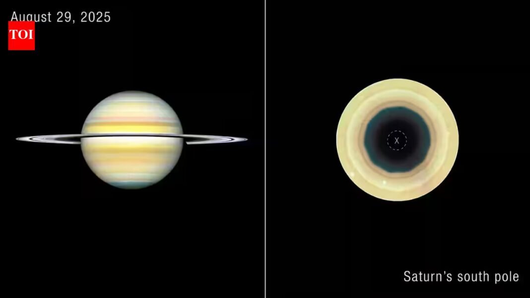 Hubble images revealed a giant 10-sided wave around Saturn’s south pole; one side stretches over 10,000 miles and the pattern has grown clearer since 2023 Hubble images revealed a giant 10-sided wave around Saturn’s south pole; one side stretches over 10,000 miles and the pattern has grown clearer since 2023