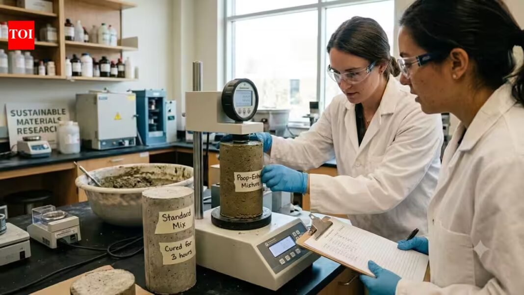 Scientists turned human poop into concrete; one mixture was 42% stronger after 91 days of curing | Scientists turned human poop into concrete; one mixture was 42% stronger after 91 days of curing |