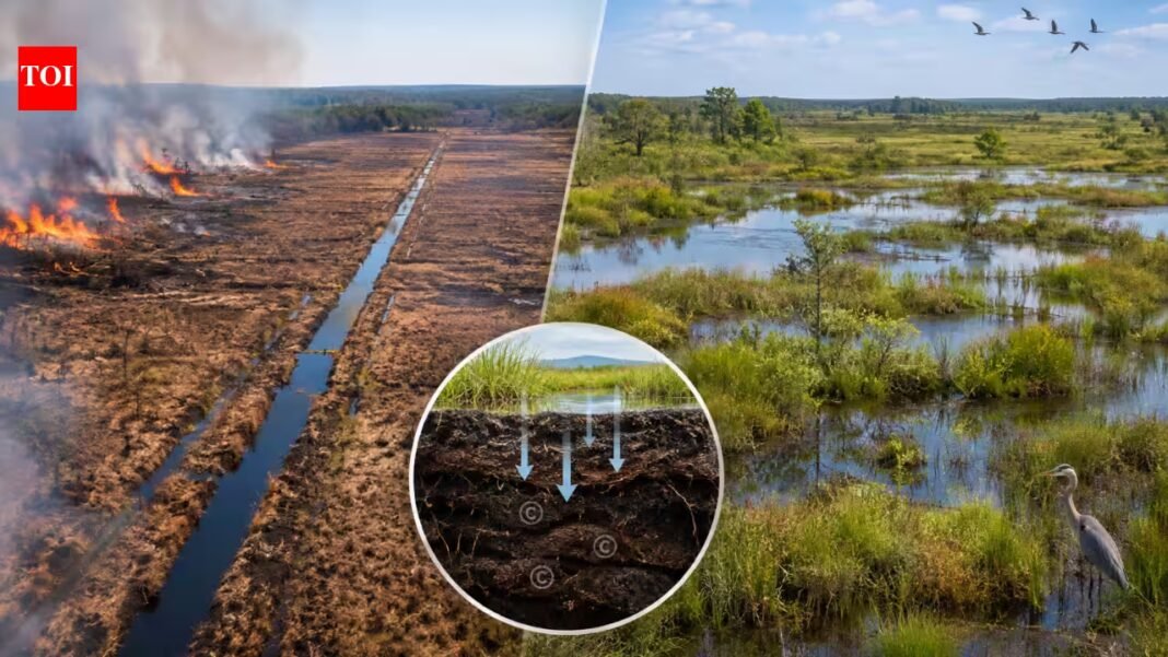 A failed farming venture cut 50 miles of ditches through a North Carolina peatland; the 23-square-mile tract now emits 130,000 tons of CO₂ a year, and scientists plan to flood it again A failed farming venture cut 50 miles of ditches through a North Carolina peatland; the 23-square-mile tract now emits 130,000 tons of CO₂ a year, and scientists plan to flood it again