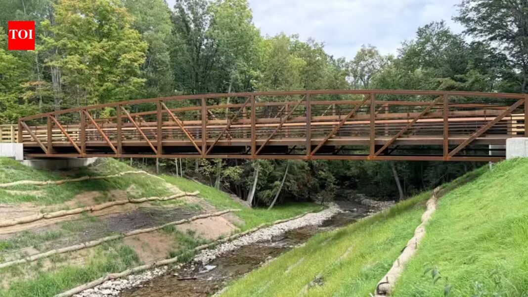 More than a century ago, a railroad dam blocked Michigan’s Buckhorn Creek; after its removal, the stream is flowing freely again and a new 90-foot bridge now crosses above it More than a century ago, a railroad dam blocked Michigan’s Buckhorn Creek; after its removal, the stream is flowing freely again and a new 90-foot bridge now crosses above it