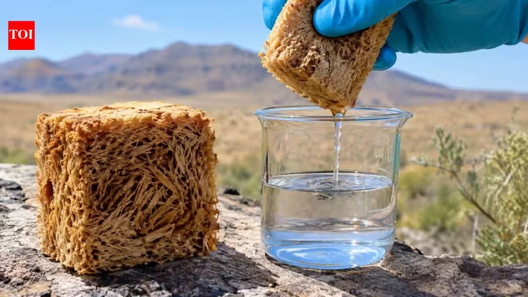Scientists built a wood-based sponge that pulls water from air as dry as 15% humidity; it produced up to 1.72 litres per kg per day Scientists built a wood-based sponge that pulls water from air as dry as 15% humidity; it produced up to 1.72 litres per kg per day