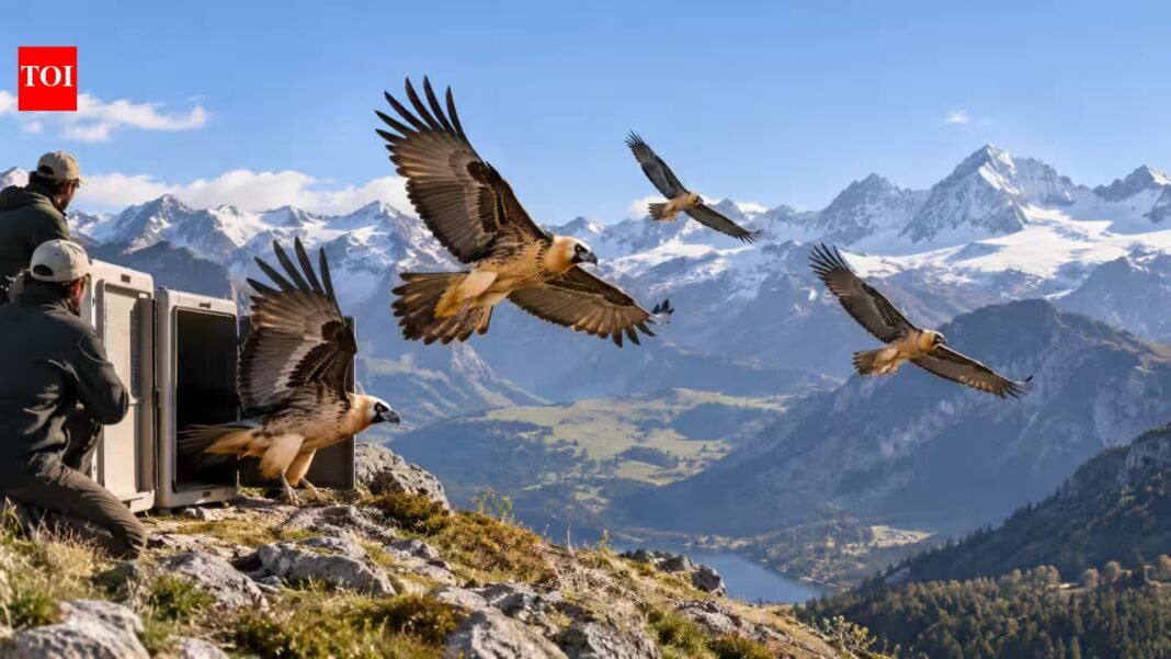 In 1986, scientists released captive-bred bearded vultures into the Alps; 35 years later, 344 birds lived there, most wild-born | In 1986, scientists released captive-bred bearded vultures into the Alps; 35 years later, 344 birds lived there, most wild-born |