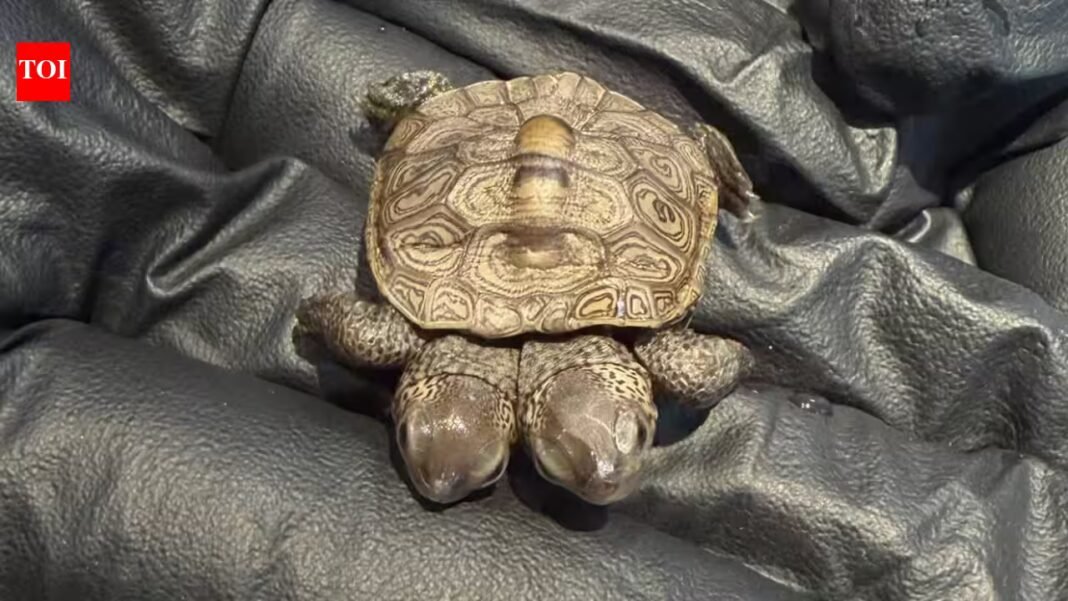 Volunteers at a protected Cape Cod nesting site found a rare diamondback terrapin hatchling with two heads; the tiny turtle weighed about as much as a nickel and is now being monitored by wildlife veterinarians Volunteers at a protected Cape Cod nesting site found a rare diamondback terrapin hatchling with two heads; the tiny turtle weighed about as much as a nickel and is now being monitored by wildlife veterinarians