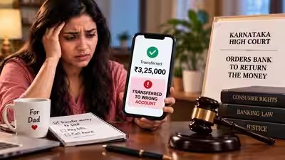 She transferred Rs 3.25 lakh to her father, but last 4 account digits were wrong; money went to another account, Karnataka High Court orders bank to return it She transferred Rs 3.25 lakh to her father, but last 4 account digits were wrong; money went to another account, Karnataka High Court orders bank to return it