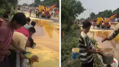 Heard of the mythological rivers of milk and ghee? UP’s Moradabad witnessed a similar scene as locals rushed with buckets to collect ghee after tanker overturns: Watch video to know what happened Heard of the mythological rivers of milk and ghee? UP’s Moradabad witnessed a similar scene as locals rushed with buckets to collect ghee after tanker overturns: Watch video to know what happened
