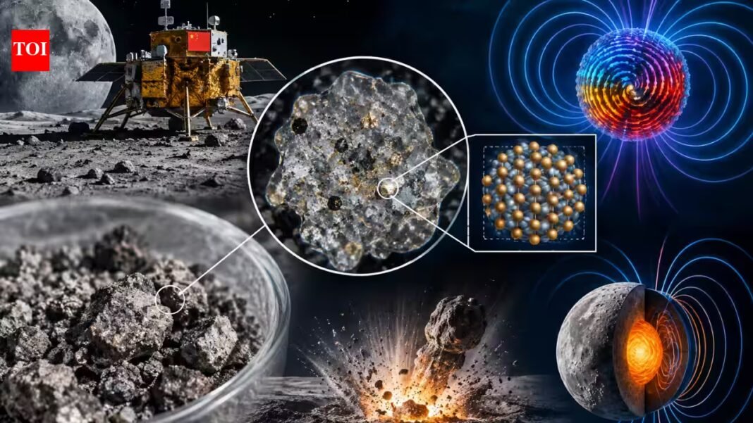 Chang’e-6 soil from the Moon’s far side contained a form of metallic iron never seen before in natural lunar samples; trapped in tiny impact-glass grains, it may preserve a record of the Moon’s lost magnetic field Chang’e-6 soil from the Moon’s far side contained a form of metallic iron never seen before in natural lunar samples; trapped in tiny impact-glass grains, it may preserve a record of the Moon’s lost magnetic field