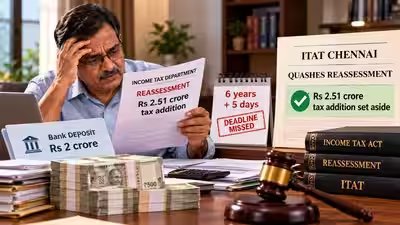 Man had Rs 2 crore bank deposit and didn’t file ITR, faced Rs 2.51 crore tax addition; ITAT Chennai quashes reassessment after Income Tax Department missed 6-year deadline by 5 days Man had Rs 2 crore bank deposit and didn’t file ITR, faced Rs 2.51 crore tax addition; ITAT Chennai quashes reassessment after Income Tax Department missed 6-year deadline by 5 days