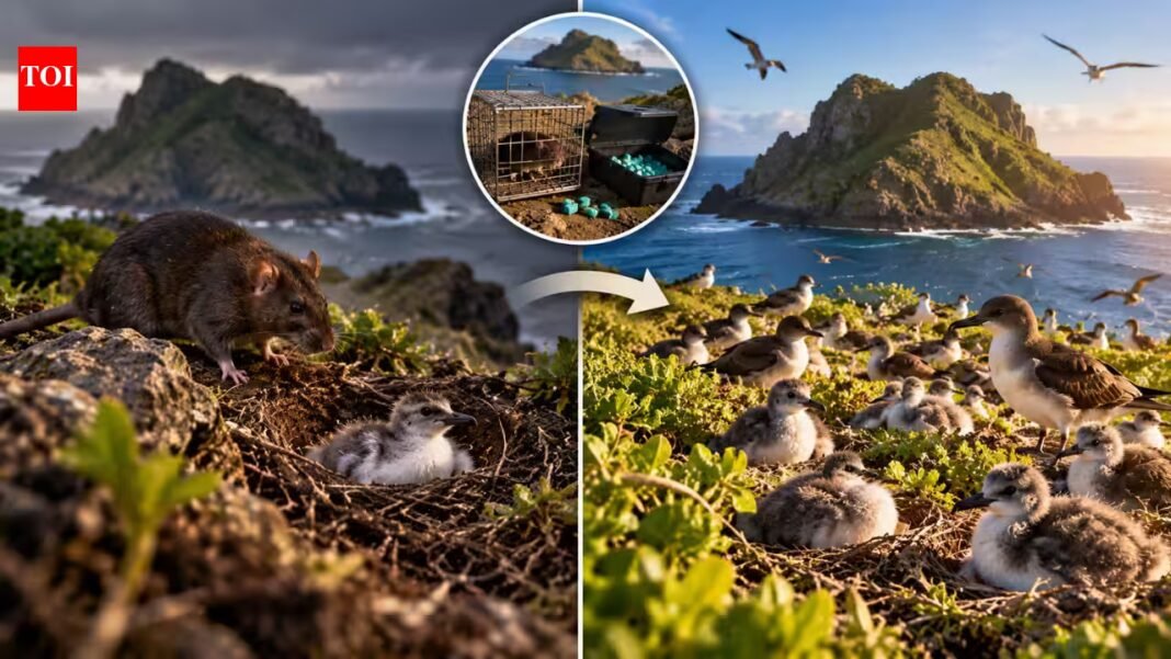 Scientists removed 18 invasive black rats from Mokoliʻi Island in 2002 using traps and poison bait; surviving Wedge-tailed Shearwater chicks rose from one to 185 by 2003 | Scientists removed 18 invasive black rats from Mokoliʻi Island in 2002 using traps and poison bait; surviving Wedge-tailed Shearwater chicks rose from one to 185 by 2003 |