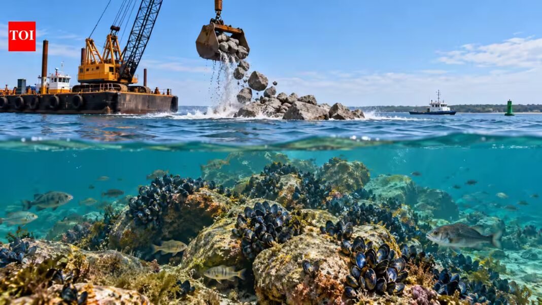 In 2018, Delaware turned nearly 990,000 tons of rock excavated from a shipping channel into artificial reefs, creating habitats for blue mussels and fish | In 2018, Delaware turned nearly 990,000 tons of rock excavated from a shipping channel into artificial reefs, creating habitats for blue mussels and fish |