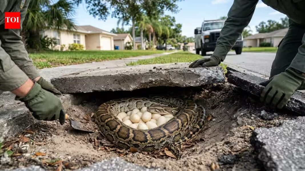 A Burmese python was found guarding 20 eggs beneath a Florida sidewalk; the discovery raised fears that more invasive snakes could be nesting near homes | A Burmese python was found guarding 20 eggs beneath a Florida sidewalk; the discovery raised fears that more invasive snakes could be nesting near homes |