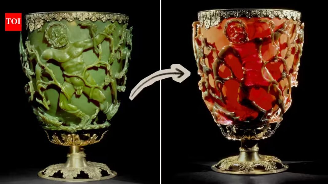 A 1,600-year-old Roman cup turns green or ruby red depending on how light hits it; after years of experiments, Sheffield researchers have recreated the glass effect using tiny gold and silver particles A 1,600-year-old Roman cup turns green or ruby red depending on how light hits it; after years of experiments, Sheffield researchers have recreated the glass effect using tiny gold and silver particles