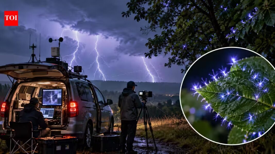 Scientists chase thunderstorms in a modified minivan and capture 952 tiny electrical discharges glowing across tree leaves, confirming a phenomenon suspected for more than 70 years | Scientists chase thunderstorms in a modified minivan and capture 952 tiny electrical discharges glowing across tree leaves, confirming a phenomenon suspected for more than 70 years |