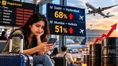Flight fares soar: Delhi-Hyderabad up 68%, Mumbai-Kolkata 51% as fewer services and higher fuel costs squeeze travellers; IndiGo raises fuel surcharge by up to Rs 350 Flight fares soar: Delhi-Hyderabad up 68%, Mumbai-Kolkata 51% as fewer services and higher fuel costs squeeze travellers; IndiGo raises fuel surcharge by up to Rs 350