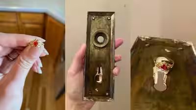 Hidden Treasure: Hidden treasure behind 8 layers of paint: Couple restoring 1913 home finds a mystery ring glued inside a door plate Hidden Treasure: Hidden treasure behind 8 layers of paint: Couple restoring 1913 home finds a mystery ring glued inside a door plate