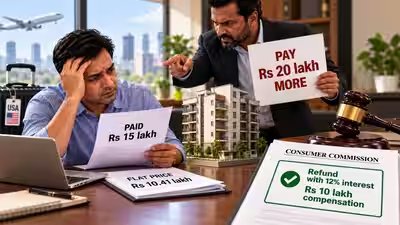 US-based homebuyer paid Rs 15 lakh for Rs 10.41 lakh flat, but builder demanded Rs 20 lakh more and allegedly threatened him; commission orders refund with 12% interest and Rs 10 lakh compensation US-based homebuyer paid Rs 15 lakh for Rs 10.41 lakh flat, but builder demanded Rs 20 lakh more and allegedly threatened him; commission orders refund with 12% interest and Rs 10 lakh compensation