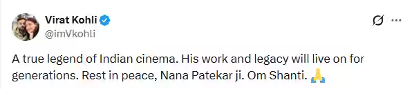‘True legend of Indian cinema’: Virat Kohli mourns Nana Patekar’s death | Off the field News ‘True legend of Indian cinema’: Virat Kohli mourns Nana Patekar’s death | Off the field News